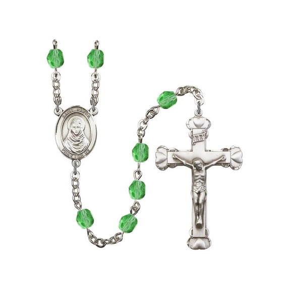 St. Rafka Silver-Plated Rosary 6mm August Green Fire Polished Beads Crucifix Size 1 5/8 x 1 medal charm