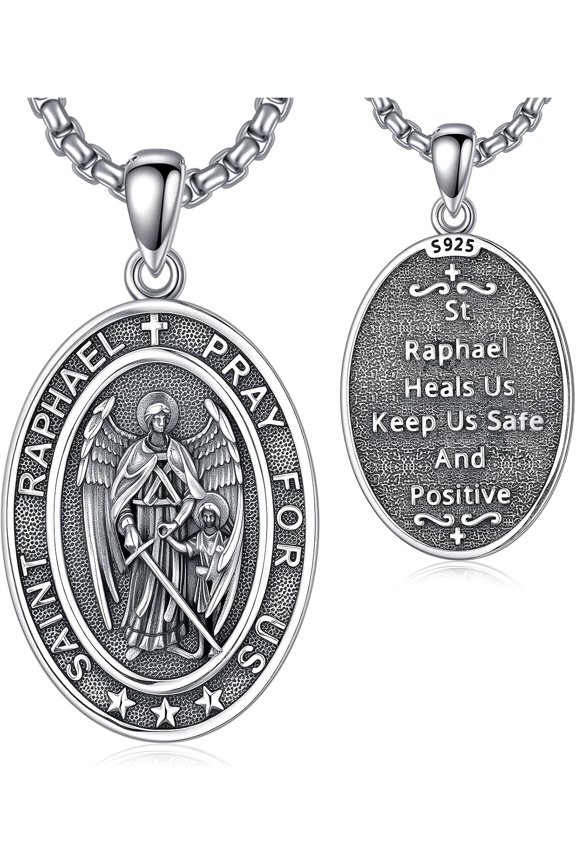 St Raphael The Archangel Necklace 925 Sterling Silver Round Archangel Raphael Medal Religious Amulet Raphael Jewelry Gift for Men Women