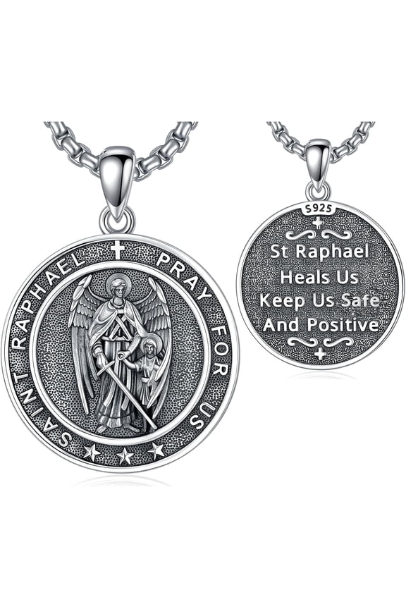 St Raphael The Archangel Necklace 925 Sterling Silver Round Archangel Raphael Medal Religious Amulet Raphael Jewelry Gift for Men Women