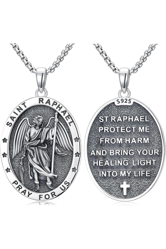 St Raphael the Archangel Necklace 925 Sterling Silver Saint Raphael Medal Pendant Religious Christian Jewelry Gift for Womens Men
