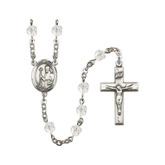 St. Regis Silver-Plated Rosary 6mm April Crystal Fire Polished Beads Crucifix Size 1 3/8 x 3/4 medal charm
