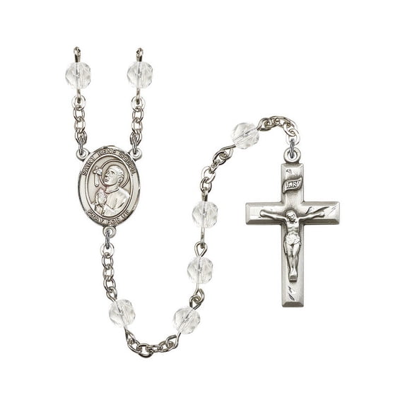 St. Rene Goupil Silver-Plated Rosary 6mm April Crystal Fire Polished Beads Crucifix Size 1 3/8 x 3/4 medal charm