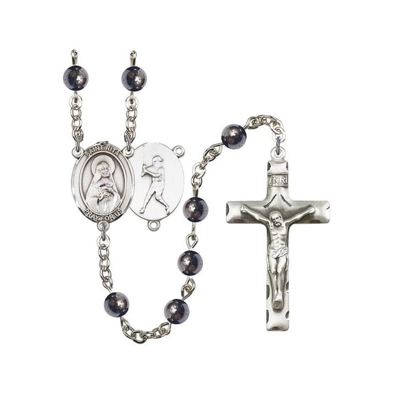St. Rita / Baseball Silver-Plated Rosary 6mm Hematite Beads Crucifix Size 1 3/4 x 1 medal charm