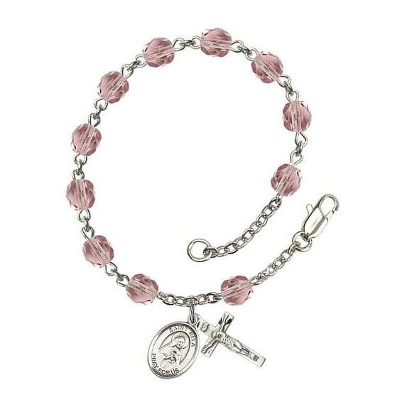 St. Rita of Cascia Silver Plate Rosary Bracelet 6mm June Light Purple Fire Polished Beads Crucifix Size 5/8 x 1/4 medal