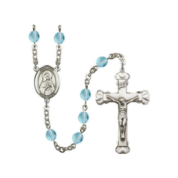 St. Rita of Cascia Silver-Plated Rosary 6mm March Light Blue Fire Polished Beads Crucifix Size 1 5/8 x 1 medal charm