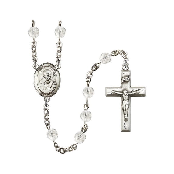St. Robert Bellarmine Silver-Plated Rosary 6mm April Crystal Fire Polished Beads Crucifix Size 1 3/8 x 3/4 medal charm