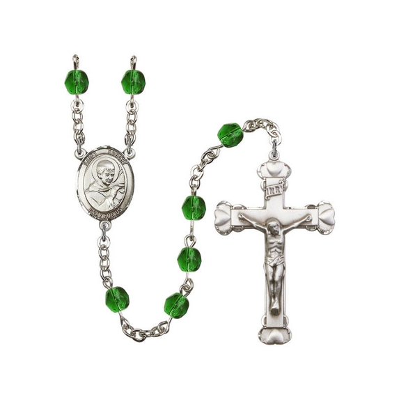 St. Robert Bellarmine Silver-Plated Rosary 6mm May Green Fire Polished Beads Crucifix Size 1 5/8 x 1 medal charm