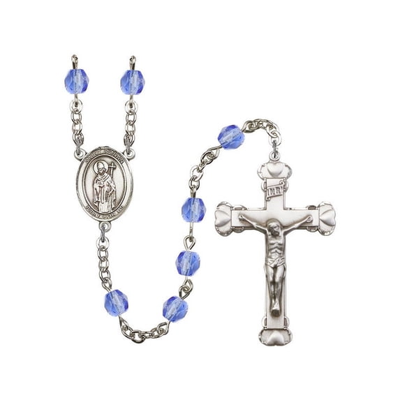 St. Ronan Silver-Plated Rosary 6mm September Blue Fire Polished Beads Crucifix Size 1 5/8 x 1 medal charm
