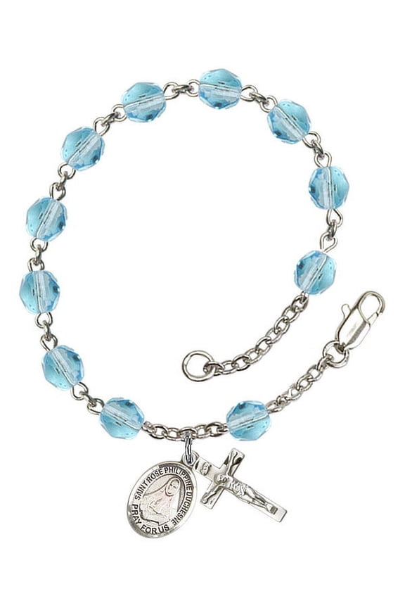 St. Rose Philippine Duchesne Silver Plate Rosary Bracelet 6mm March Light Blue Fire Polished Beads Crucifix 5/8 x 1/4 medal