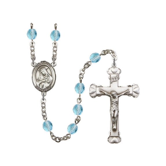 St. Rose of Lima Silver-Plated Rosary 6mm March Light Blue Fire Polished Beads Crucifix Size 1 5/8 x 1 medal charm