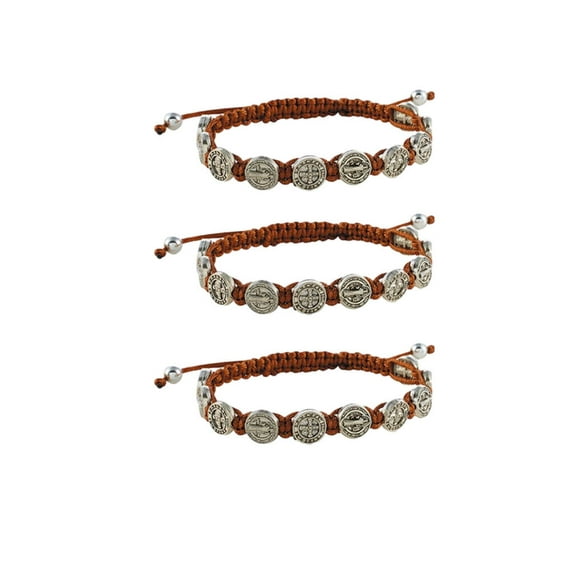 St Saint Benedict Brown Silver Tone Medal 8" Adjustable Cord Bracelet Pack of 3