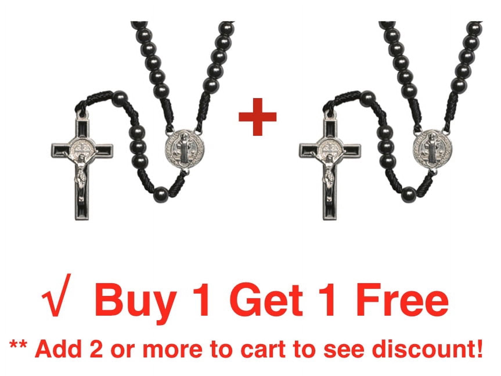 Luomu Set Of 2 Saint Benedict & Mary Medal Bracelets - Black Hematite Beads, Adjustable Cord, Religious