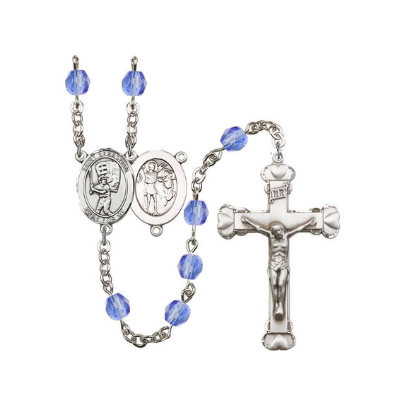 St. Sebastian / Baseball Silver-Plated Rosary 6mm September Blue Fire Polished Beads Crucifix Size 1 5/8 x 1 medal charm