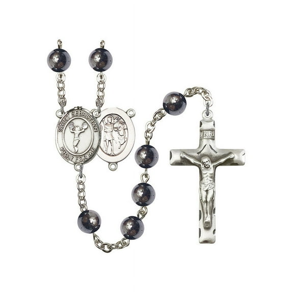 St. Sebastian/Cheerleading Silver-Plated Rosary 8mm Hematite Beads Crucifix Size 1 3/4 x 1 medal charm