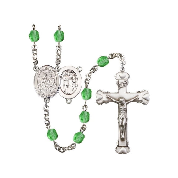 St. Sebastian / Choir Silver-Plated Rosary 6mm August Green Fire Polished Beads Crucifix Size 1 5/8 x 1 medal charm
