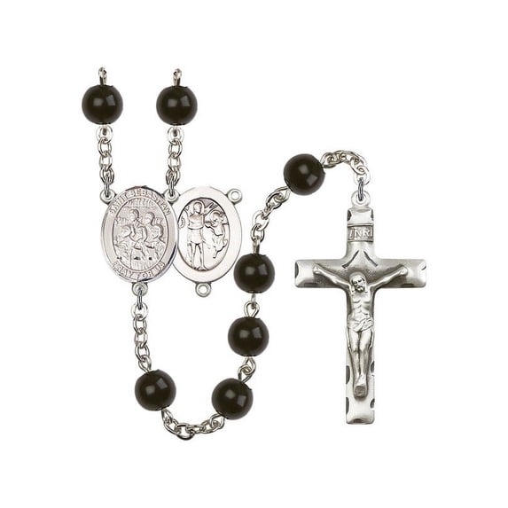 St. Sebastian / Choir Silver-Plated Rosary 7mm Black Onyx Beads Crucifix Size 1 3/4 x 1 medal charm