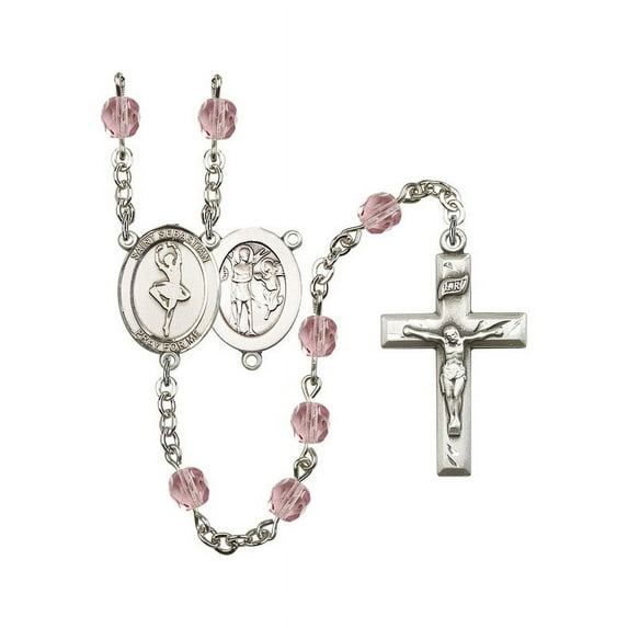 St. Sebastian/Dance Silver-Plated Rosary 6mm June Light Purple Fire Polished Beads Crucifix Size 1 3/8 x 3/4 medal charm