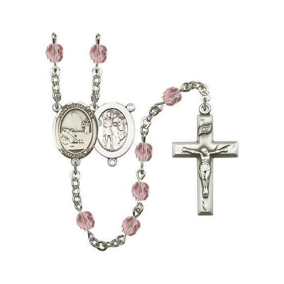 St. Sebastian / Fishing Silver-Plated Rosary 6mm June Light Purple Fire Polished Beads Crucifix Size 1 3/8 x 3/4 medal
