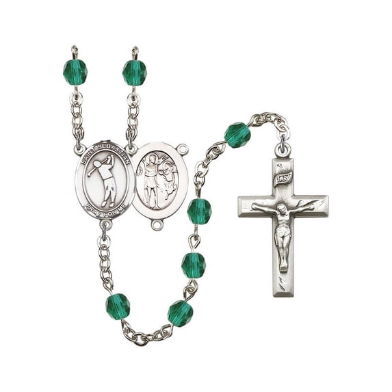 St. Sebastian/Golf Silver-Plated Rosary 6mm December Blue Fire Polished Beads Crucifix Size 1 3/8 x 3/4 medal charm