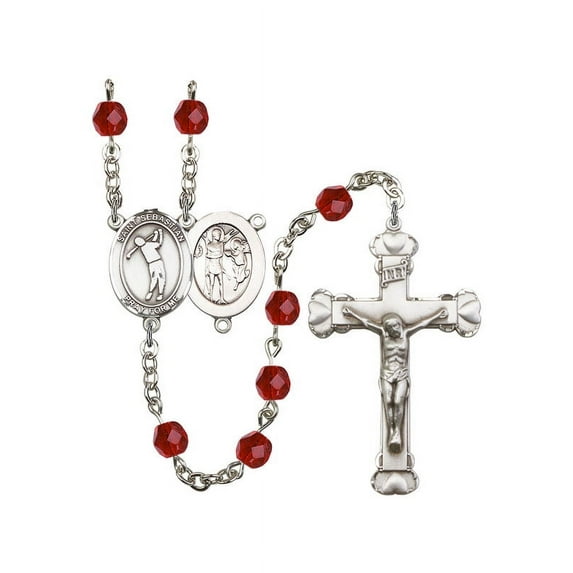 St. Sebastian/Golf Silver-Plated Rosary 6mm July Red Fire Polished Beads Crucifix Size 1 5/8 x 1 medal charm