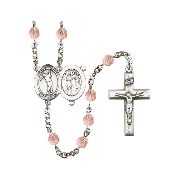 St. Sebastian/Golf Silver-Plated Rosary 6mm October Pink Fire Polished Beads Crucifix Size 1 3/8 x 3/4 medal charm