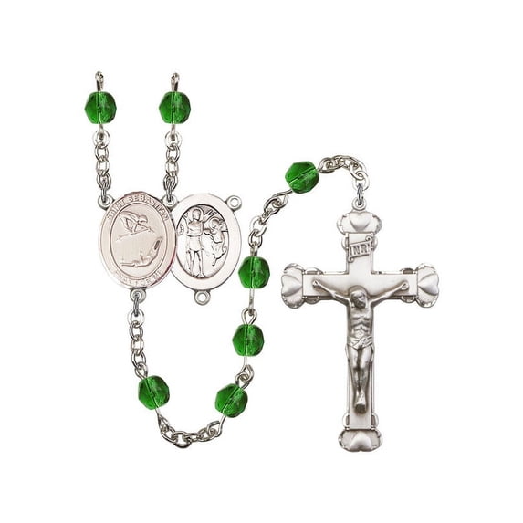 St. Sebastian/Gymnastics Silver-Plated Rosary 6mm May Green Fire Polished Beads Crucifix Size 1 5/8 x 1 medal charm