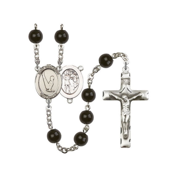 St. Sebastian/Gymnastics Silver-Plated Rosary 7mm Black Onyx Beads Crucifix Size 1 3/4 x 1 medal charm