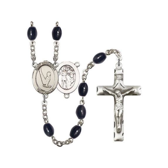 St. Sebastian/Gymnastics Silver-Plated Rosary 8x6mm Black Onyx Beads Crucifix Size 1 3/4 x 1 medal charm