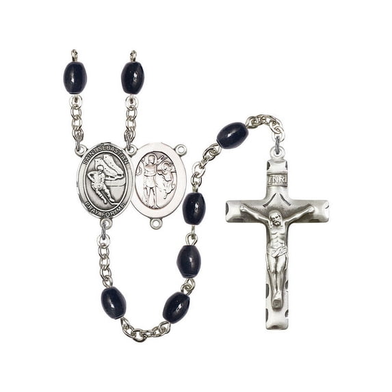 St. Sebastian / Hockey Silver-Plated Rosary 8x6mm Black Onyx Beads Crucifix Size 1 3/4 x 1 medal charm