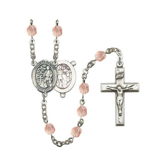 St. Sebastian / Karate Silver-Plated Rosary 6mm October Pink Fire Polished Beads Crucifix Size 1 3/8 x 3/4 medal charm
