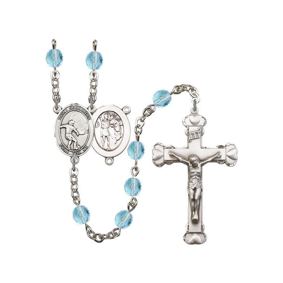 St. Sebastian / Soccer Silver-Plated Rosary 6mm March Light Blue Fire Polished Beads Crucifix Size 1 5/8 x 1 medal charm