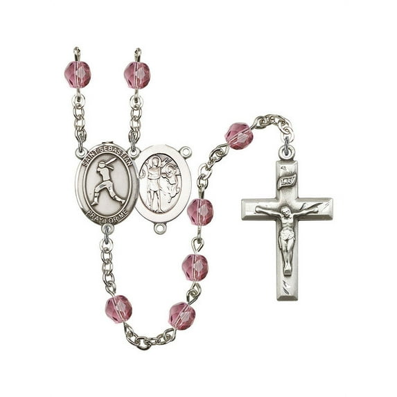 St. Sebastian / Softball Silver-Plated Rosary 6mm February Purple Fire Polished Beads Crucifix Size 1 3/8 x 3/4 medal charm