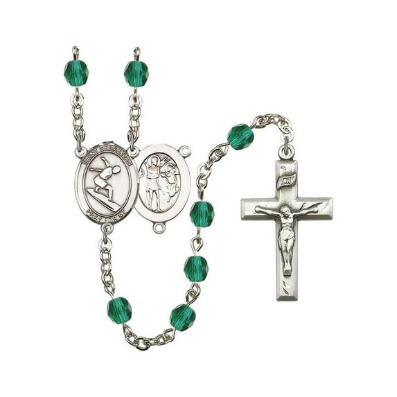 St. Sebastian/Surfing Silver-Plated Rosary 6mm December Blue Fire Polished Beads Crucifix Size 1 3/8 x 3/4 medal charm