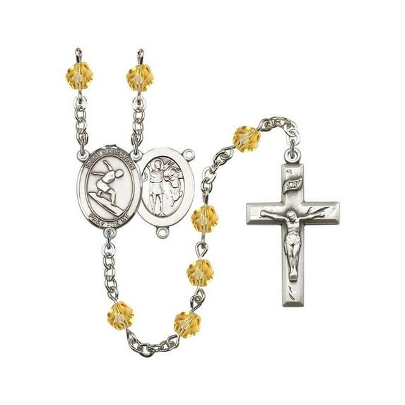 St. Sebastian/Surfing Silver-Plated Rosary 6mm November Yellow Fire Polished Beads Crucifix Size 1 3/8 x 3/4 medal charm