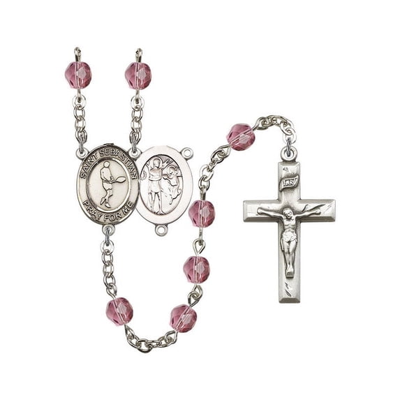 St. Sebastian/Tennis Silver-Plated Rosary 6mm February Purple Fire Polished Beads Crucifix Size 1 3/8 x 3/4 medal charm