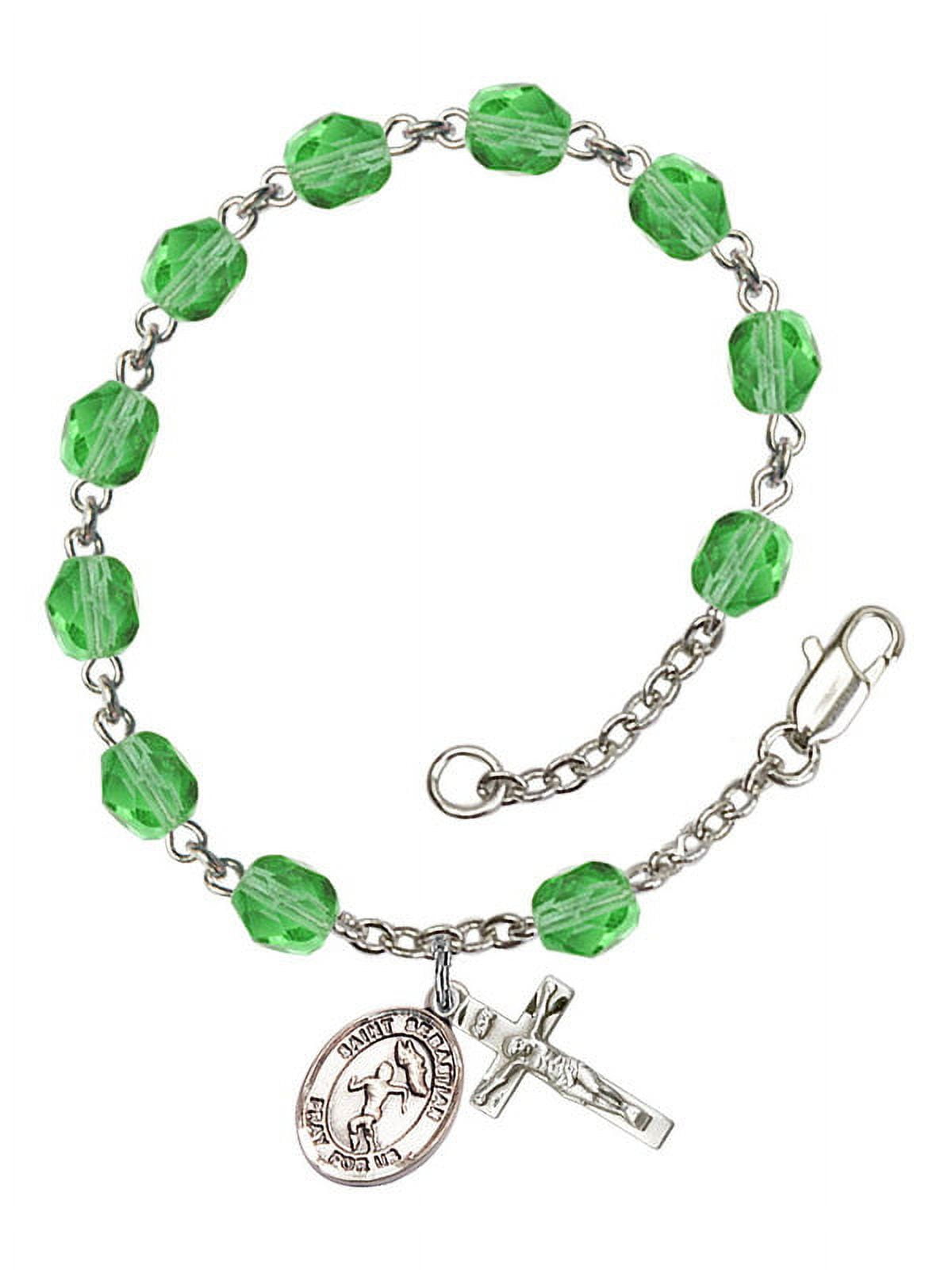 St. Sebastian/Track&Field Silver Plate Rosary Bracelet 6mm August Green Fire Polished Beads Crucifix Size 5/8 x 1/4 medal