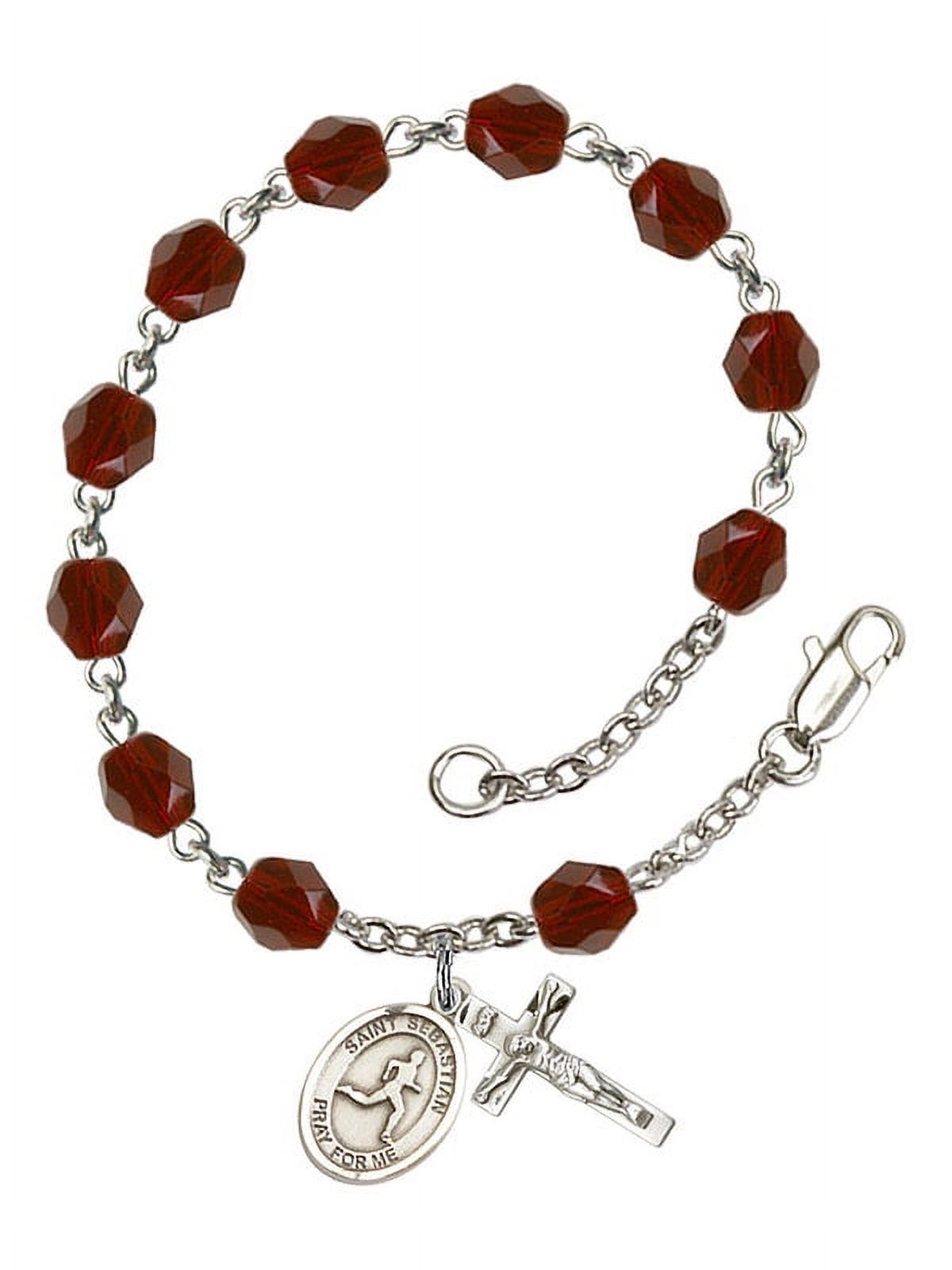 St. Sebastian/Track & Field Silver Plate Rosary Bracelet 6mm January Red Fire Polished Beads Crucifix Size 5/8 x 1/4 medal