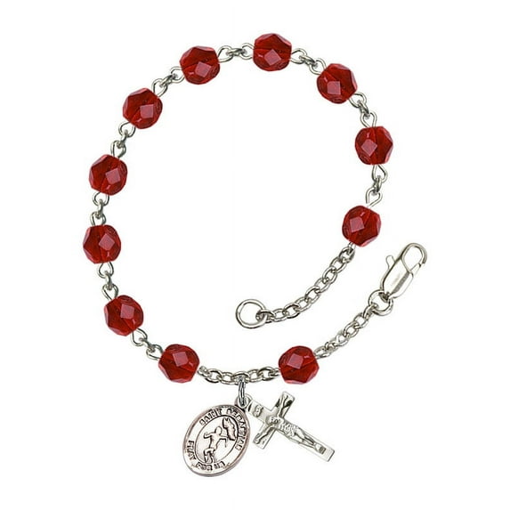 St. Sebastian/Track&Field Silver Plate Rosary Bracelet 6mm July Red Fire Polished Beads Crucifix Size 5/8 x 1/4 medal charm