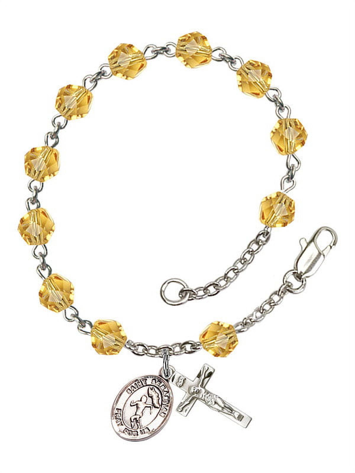 St. Sebastian/Track&Field Silver Plate Rosary Bracelet 6mm November Yellow Fire Polished Beads Crucifix Size 5/8 x 1/4 medal