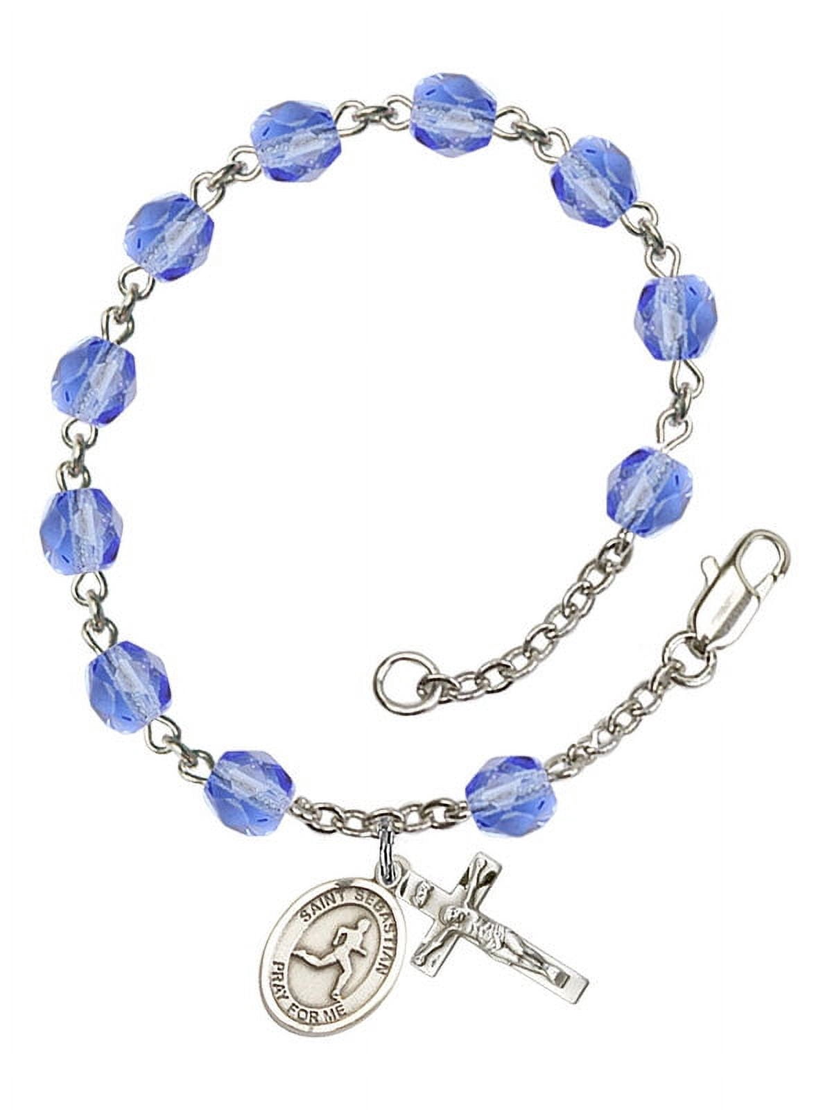 St. Sebastian/Track & Field Silver Plate Rosary Bracelet 6mm September Blue Fire Polished Beads Crucifix Size 5/8 x 1/4 medal