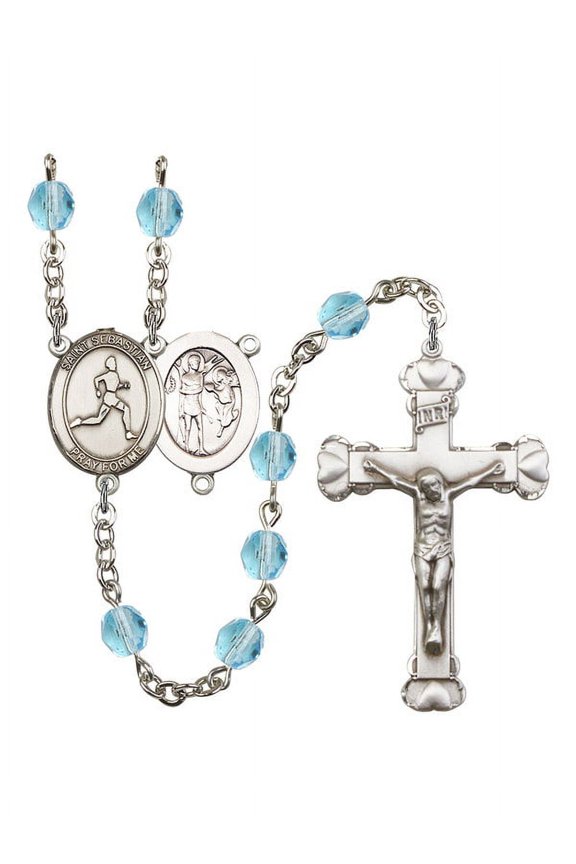 St. Sebastian/Track & Field Silver-Plated Rosary 6mm March Light Blue Fire Polished Beads Crucifix Size 1 5/8 x 1 medal charm