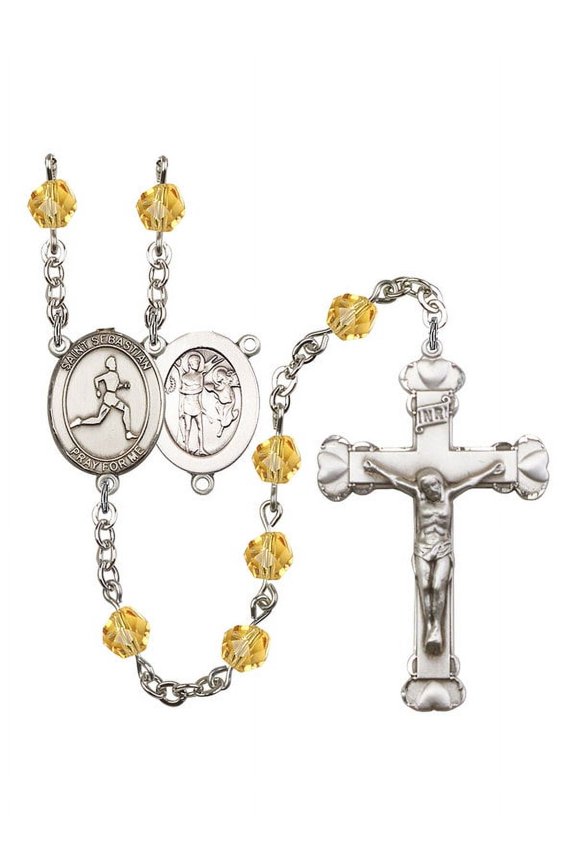 St. Sebastian/Track & Field Silver-Plated Rosary 6mm November Yellow Fire Polished Beads Crucifix Size 1 5/8 x 1 medal charm