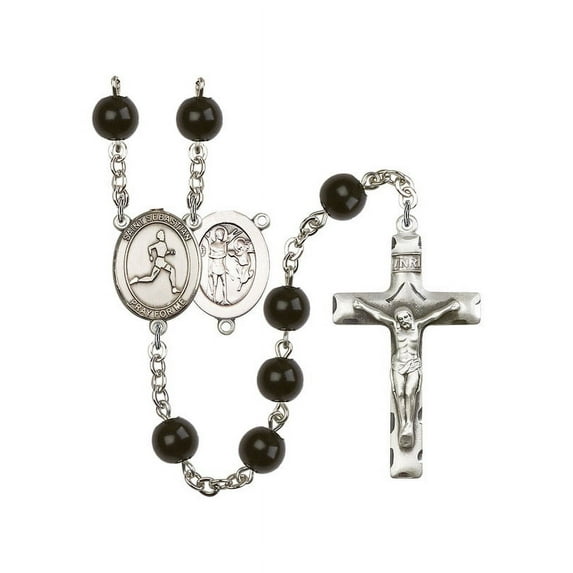 St. Sebastian/Track & Field Silver-Plated Rosary 7mm Black Onyx Beads Crucifix Size 1 3/4 x 1 medal charm