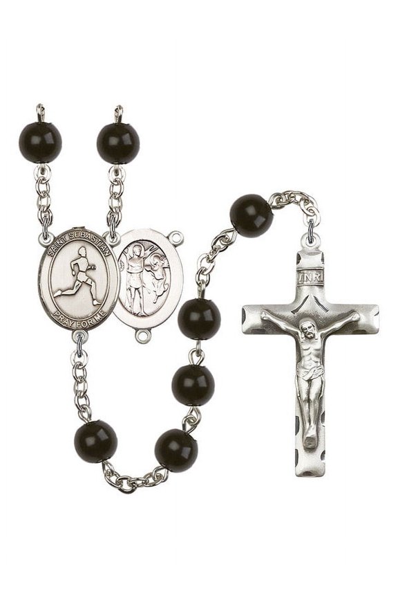St. Sebastian/Track & Field Silver-Plated Rosary 7mm Black Onyx Beads Crucifix Size 1 3/4 x 1 medal charm