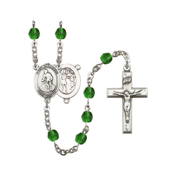 St. Sebastian / Wrestling Silver-Plated Rosary 6mm May Green Fire Polished Beads Crucifix Size 1 3/8 x 3/4 medal charm