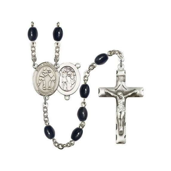 St. Sebastian/Wrestling Silver-Plated Rosary 8x6mm Black Onyx Beads Crucifix Size 1 3/4 x 1 medal charm