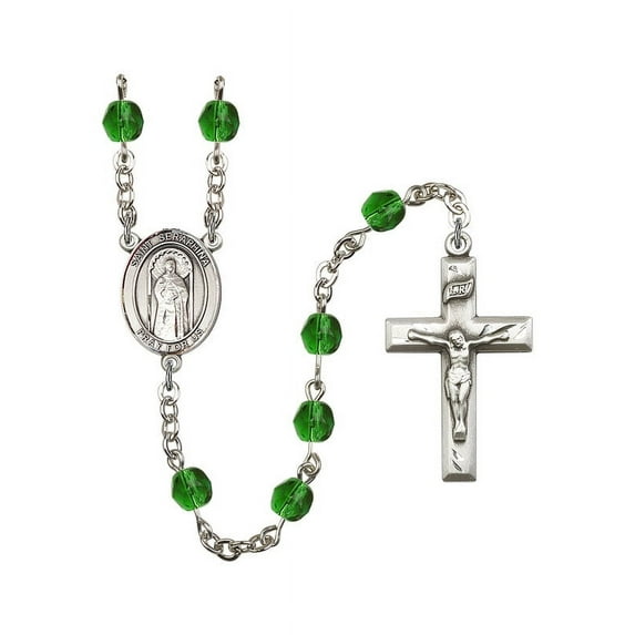 St. Seraphina Silver-Plated Rosary 6mm May Green Fire Polished Beads Crucifix Size 1 3/8 x 3/4 medal charm