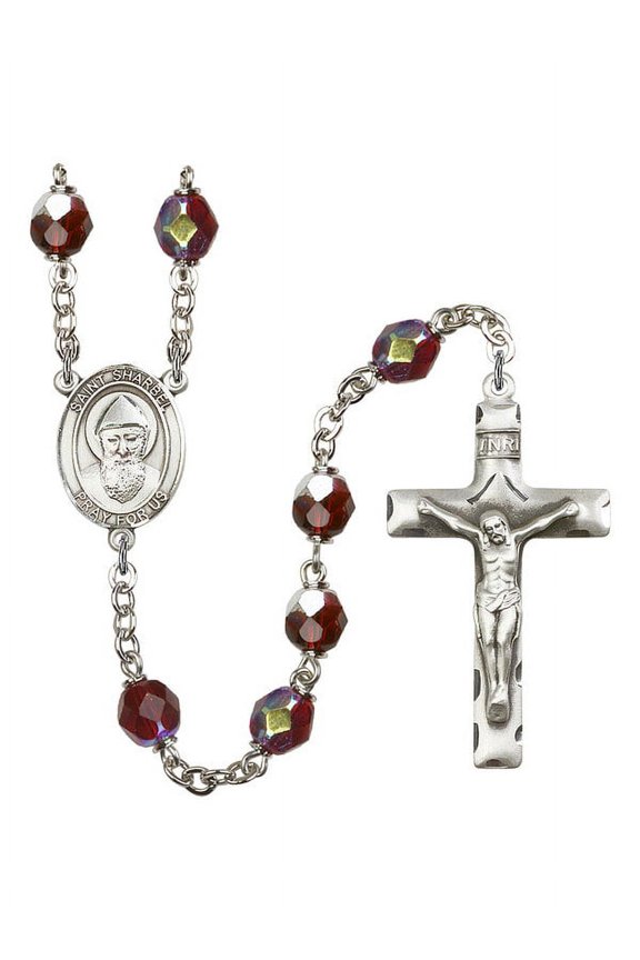 St. Sharbel Silver-Plated Rosary 7mm January Red Lock Link Aurora Borealis Beads Crucifix Size 1 3/4 x 1 medal charm