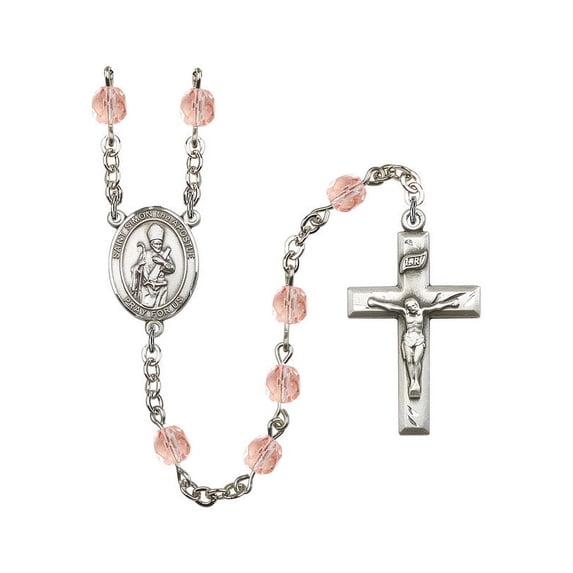 St. Simon the Apostle Silver-Plated Rosary 6mm October Pink Fire Polished Beads Crucifix Size 1 3/8 x 3/4 medal charm