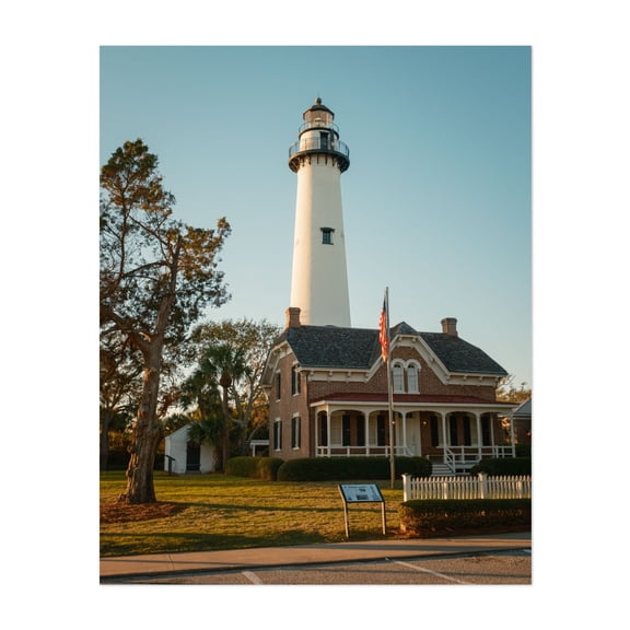 St. Simons Island Lighthouse - St. Simons Island Georgia Photography Lighthouse Coastal Architecture Vintage Seaside Travel Poster Beach House Unframed Wall Art Print 20 x 24 inches